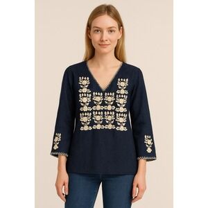 Hand Embroidered Chambray Blouse Women M Blue Boho Tunic Peasant Cottagecore Top